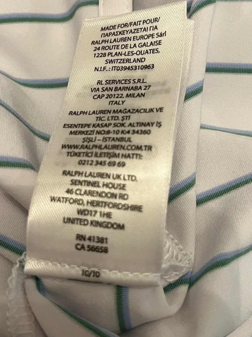 Ralph Lauren RLX White Polo with Light Blue and Green Stripes, size XXL